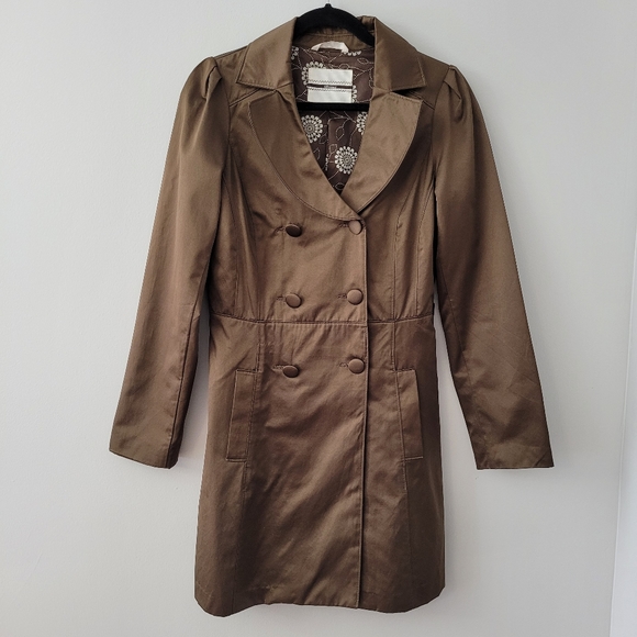 Women's Bronze Trench Coat with Floral Lining Sz M Y2K Vintage - Picture 7 of 11